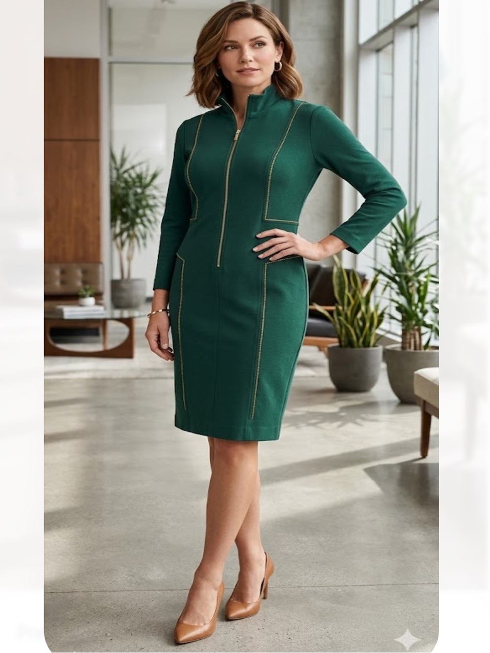 Carlisle Emerald Green Long-Sleeve Zip Dress